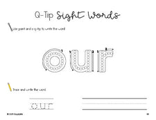 Free kindergarten worksheet, beginner sight word for kindergarteners and high frequency word 'our', sight word worksheet includes q-tip painting, sight word tracing and handwriting, second 100 fry sight words, Dolch primer, PDF