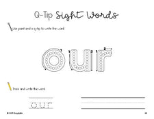 Free kindergarten worksheet, beginner sight word for kindergarteners and high frequency word 'our', sight word worksheet includes q-tip painting, sight word tracing and handwriting, second 100 fry sight words, Dolch primer, PDF