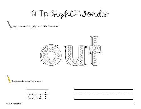 Free kindergarten worksheet, beginner sight word for kindergarteners and high frequency word 'out', sight word worksheet includes q-tip painting, sight word tracing and handwriting, first 100 fry sight words, Dolch primer, PDF