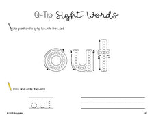 Free kindergarten worksheet, beginner sight word for kindergarteners and high frequency word 'out', sight word worksheet includes q-tip painting, sight word tracing and handwriting, first 100 fry sight words, Dolch primer, PDF