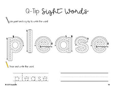 Free kindergarten worksheet, beginner sight word for kindergarteners and high frequency word 'please', sight word worksheet includes q-tip painting, sight word tracing and handwriting, eighth 100 fry sight words, Dolch primer, PDF
