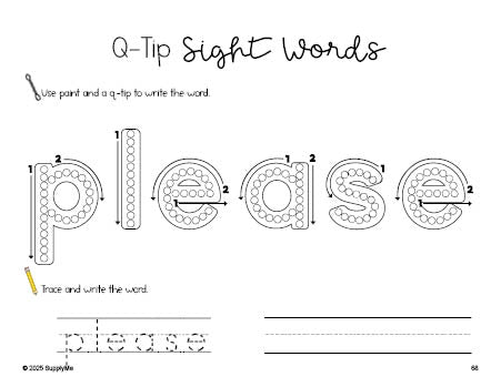Free kindergarten worksheet, beginner sight word for kindergarteners and high frequency word 'please', sight word worksheet includes q-tip painting, sight word tracing and handwriting, eighth 100 fry sight words, Dolch primer, PDF