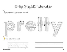 Free kindergarten worksheet, beginner sight word for kindergarteners and high frequency word 'pretty', sight word worksheet includes q-tip painting, sight word tracing and handwriting, tenth 100 fry sight words, Dolch primer, PDF