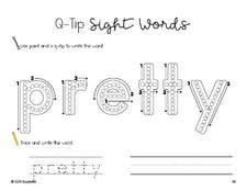 Free kindergarten worksheet, beginner sight word for kindergarteners and high frequency word 'pretty', sight word worksheet includes q-tip painting, sight word tracing and handwriting, tenth 100 fry sight words, Dolch primer, PDF