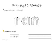 Free kindergarten worksheet, beginner sight word for kindergarteners and high frequency word 'ran', sight word worksheet includes q-tip painting, sight word tracing and handwriting, fifth 100 fry sight words, Dolch primer, PDF