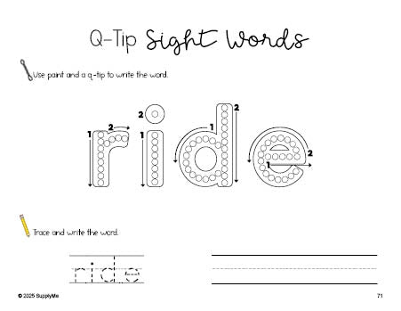 Free kindergarten worksheet, beginner sight word for kindergarteners and high frequency word 'ride', sight word worksheet includes q-tip painting, sight word tracing and handwriting, seventh 100 fry sight words, Dolch primer, PDF