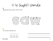 Free kindergarten worksheet, beginner sight word for kindergarteners and high frequency word 'saw', sight word worksheet includes q-tip painting, sight word tracing and handwriting, third 100 fry sight words, Dolch primer, PDF
