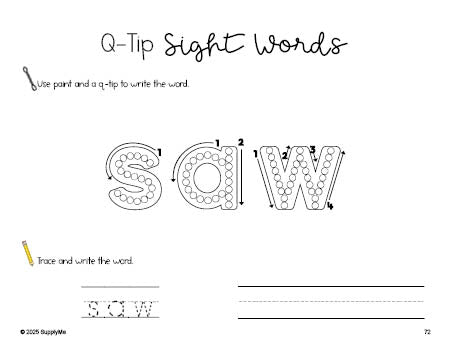 Free kindergarten worksheet, beginner sight word for kindergarteners and high frequency word 'saw', sight word worksheet includes q-tip painting, sight word tracing and handwriting, third 100 fry sight words, Dolch primer, PDF