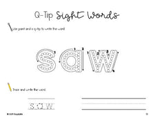 Free kindergarten worksheet, beginner sight word for kindergarteners and high frequency word 'saw', sight word worksheet includes q-tip painting, sight word tracing and handwriting, third 100 fry sight words, Dolch primer, PDF