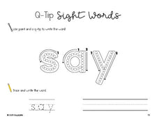 Free kindergarten worksheet, beginner sight word for kindergarteners and high frequency word 'say', sight word worksheet includes q-tip painting, sight word tracing and handwriting, second 100 fry sight words, Dolch primer, PDF