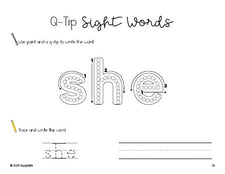 Free kindergarten worksheet, beginner sight word for kindergarteners and high frequency word 'she', sight word worksheet includes q-tip painting, sight word tracing and handwriting, first 100 fry sight words, Dolch primer, PDF