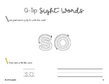 Free kindergarten worksheet, beginner sight word for kindergarteners and high frequency word 'so', sight word worksheet includes q-tip painting, sight word tracing and handwriting, first 100 fry sight words, Dolch primer, PDF