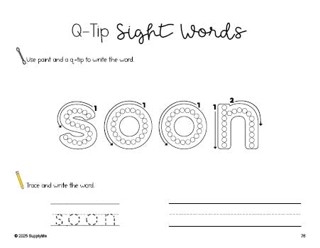 Free kindergarten worksheet, beginner sight word for kindergarteners and high frequency word 'soon', sight word worksheet includes q-tip painting, sight word tracing and handwriting, third 100 fry sight words, Dolch primer, PDF
