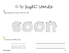 Free kindergarten worksheet, beginner sight word for kindergarteners and high frequency word 'soon', sight word worksheet includes q-tip painting, sight word tracing and handwriting, third 100 fry sight words, Dolch primer, PDF