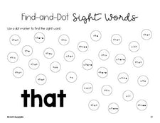 Free kindergarten worksheet, sight word dot marker printable coloring page, beginner sight word for kindergarteners and high frequency word 'that', first 100 fry sight words, Dolch primer, PDF