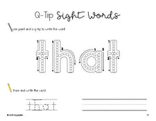 Free kindergarten worksheet, beginner sight word for kindergarteners and high frequency word 'that', sight word worksheet includes q-tip painting, sight word tracing and handwriting, first 100 fry sight words, Dolch primer, PDF