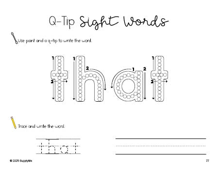 Free kindergarten worksheet, beginner sight word for kindergarteners and high frequency word 'that', sight word worksheet includes q-tip painting, sight word tracing and handwriting, first 100 fry sight words, Dolch primer, PDF