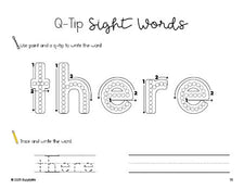 Free kindergarten worksheet, beginner sight word for kindergarteners and high frequency word 'there', sight word worksheet includes q-tip painting, sight word tracing and handwriting, first 100 fry sight words, Dolch primer, PDF