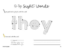 Free kindergarten worksheet, beginner sight word for kindergarteners and high frequency word 'they', sight word worksheet includes q-tip painting, sight word tracing and handwriting, first 100 fry sight words, Dolch primer, PDF