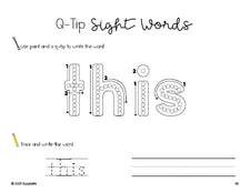 Free kindergarten worksheet, beginner sight word for kindergarteners and high frequency word 'this', sight word worksheet includes q-tip painting, sight word tracing and handwriting, first 100 fry sight words, Dolch primer, PDF