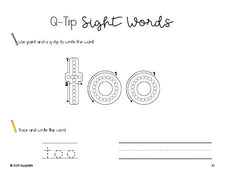 Free kindergarten worksheet, beginner sight word for kindergarteners and high frequency word 'too', sight word worksheet includes q-tip painting, sight word tracing and handwriting, second 100 fry sight words, Dolch primer, PDF