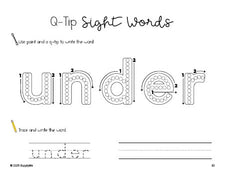 Free kindergarten worksheet, beginner sight word for kindergarteners and high frequency word 'under', sight word worksheet includes q-tip painting, sight word tracing and handwriting, third 100 fry sight words, Dolch primer, PDF
