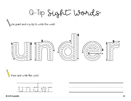 Free kindergarten worksheet, beginner sight word for kindergarteners and high frequency word 'under', sight word worksheet includes q-tip painting, sight word tracing and handwriting, third 100 fry sight words, Dolch primer, PDF