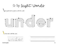 Free kindergarten worksheet, beginner sight word for kindergarteners and high frequency word 'under', sight word worksheet includes q-tip painting, sight word tracing and handwriting, third 100 fry sight words, Dolch primer, PDF