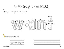 Free kindergarten worksheet, beginner sight word for kindergarteners and high frequency word 'want', sight word worksheet includes q-tip painting, sight word tracing and handwriting, second 100 fry sight words, Dolch primer, PDF