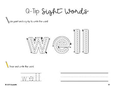 Free kindergarten worksheet, beginner sight word for kindergarteners and high frequency word 'well', sight word worksheet includes q-tip painting, sight word tracing and handwriting, second 100 fry sight words, Dolch primer, PDF