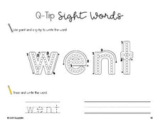 Free kindergarten worksheet, beginner sight word for kindergarteners and high frequency word 'went', sight word worksheet includes q-tip painting, sight word tracing and handwriting, second 100 fry sight words, Dolch primer, PDF