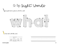 Free kindergarten worksheet, beginner sight word for kindergarteners and high frequency word 'what', sight word worksheet includes q-tip painting, sight word tracing and handwriting, first 100 fry sight words, Dolch primer, PDF