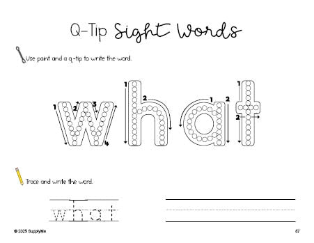 Free kindergarten worksheet, beginner sight word for kindergarteners and high frequency word 'what', sight word worksheet includes q-tip painting, sight word tracing and handwriting, first 100 fry sight words, Dolch primer, PDF