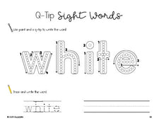 Free kindergarten worksheet, beginner sight word for kindergarteners and high frequency word 'white', sight word worksheet includes q-tip painting, sight word tracing and handwriting, third 100 fry sight words, Dolch primer, PDF