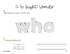 Free kindergarten worksheet, beginner sight word for kindergarteners and high frequency word 'who', sight word worksheet includes q-tip painting, sight word tracing and handwriting, first 100 fry sight words, Dolch primer, PDF