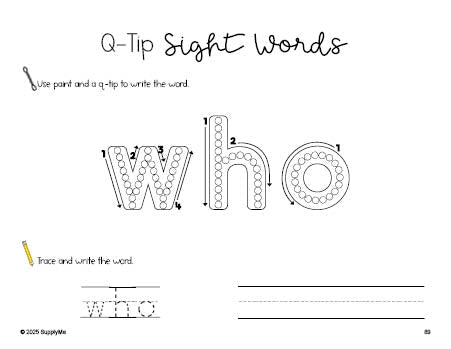 Free kindergarten worksheet, beginner sight word for kindergarteners and high frequency word 'who', sight word worksheet includes q-tip painting, sight word tracing and handwriting, first 100 fry sight words, Dolch primer, PDF