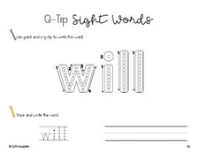 Free kindergarten worksheet, beginner sight word for kindergarteners and high frequency word 'will', sight word worksheet includes q-tip painting, sight word tracing and handwriting, first 100 fry sight words, Dolch primer, PDF