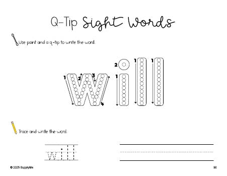 Free kindergarten worksheet, beginner sight word for kindergarteners and high frequency word 'will', sight word worksheet includes q-tip painting, sight word tracing and handwriting, first 100 fry sight words, Dolch primer, PDF