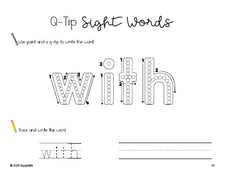Free kindergarten worksheet, beginner sight word for kindergarteners and high frequency word 'with', sight word worksheet includes q-tip painting, sight word tracing and handwriting, first 100 fry sight words, Dolch primer, PDF