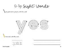 Free kindergarten worksheet, beginner sight word for kindergarteners and high frequency word 'yes', sight word worksheet includes q-tip painting, sight word tracing and handwriting, fifth 100 fry sight words, Dolch primer, PDF