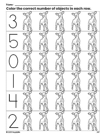 Free printable lamb Easter count and color worksheet for preschoolers, Easter coloring page and counting worksheet numbers 0-5, PDF