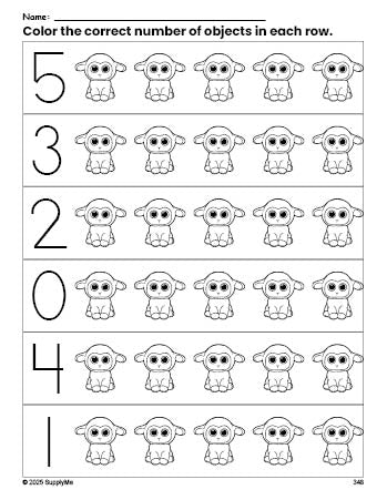 Free printable lamb Easter count and color worksheet for preschoolers, Easter coloring page and counting worksheet numbers 0-5, PDF