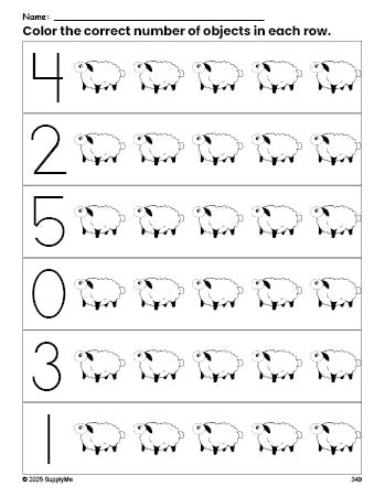 Free printable lamb Easter count and color worksheet for preschoolers, Easter coloring page and counting worksheet numbers 0-5, PDF