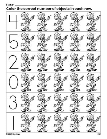 Free printable leprechaun St. Patrick's Day count and color worksheet for preschoolers, St. Patrick's Day coloring page and counting worksheet numbers 0-5, PDF