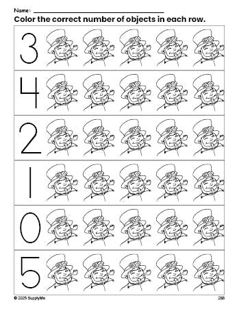 Free printable leprechaun St. Patrick's Day count and color worksheet for preschoolers, St. Patrick's Day coloring page and counting worksheet numbers 0-5, PDF