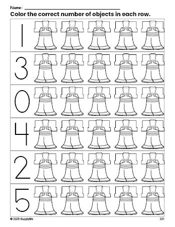 Free printable Liberty Bell Fourth of July count and color worksheet for preschoolers, Fourth of July coloring page and counting worksheet numbers 0-5, PDF