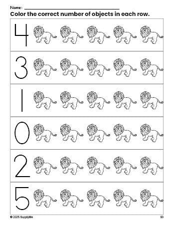 Free printable lion count and color worksheet for preschoolers, lion coloring page and counting worksheet numbers 0-5, PDF