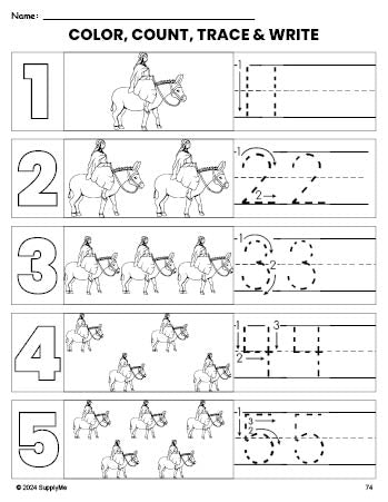 Free printable Mary Christmas coloring page and number tracing worksheet, numbers 1-5 counting worksheet for preschool and pre-k