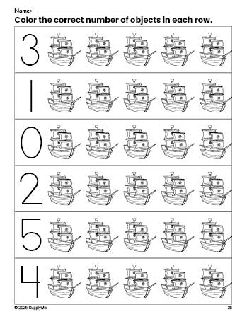 Free printable Mayflower Thanksgiving count and color worksheet for preschoolers, Thanksgiving coloring page and counting worksheet numbers 0-5, PDF