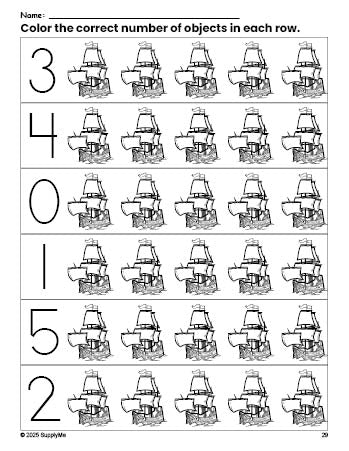 Free printable Mayflower Thanksgiving count and color worksheet for preschoolers, Thanksgiving coloring page and counting worksheet numbers 0-5, PDF